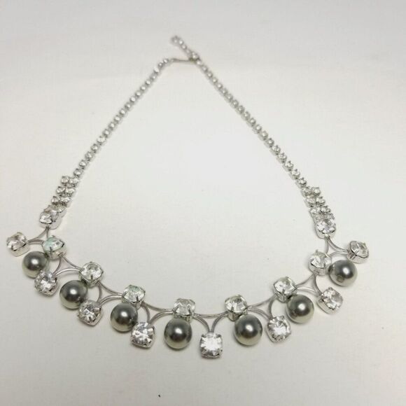 Vintage Silver Tone Rhinestone and Faux Gray Pearl Collar Necklace, Adjustable - Picture 1 of 5
